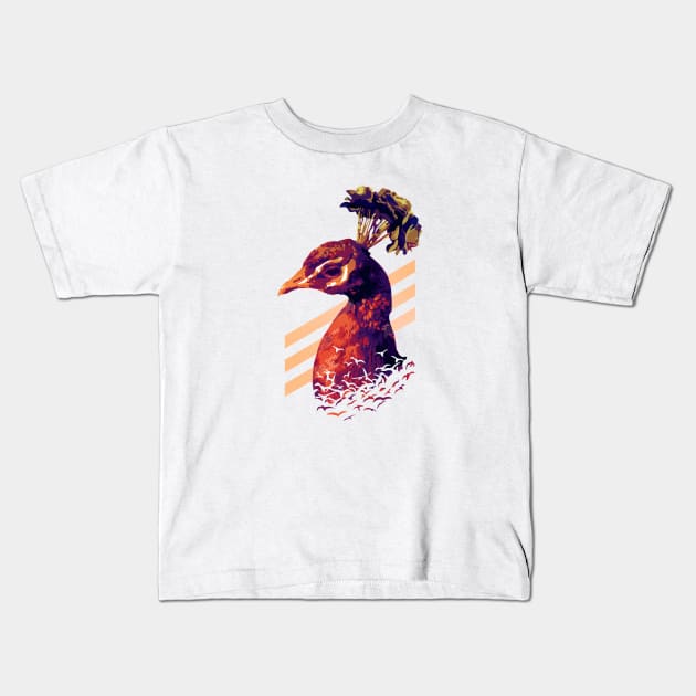 Peacock Sunset Kids T-Shirt by nippyer